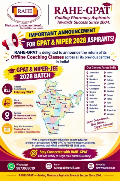 RAHE-GPAT announces offline coaching classes for GPAT &amp; NIPER 2028 aspirants.
