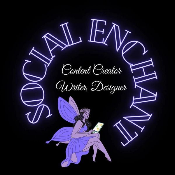 Purple fairy illustration with neon text 'Social Enchant' and content creator roles.