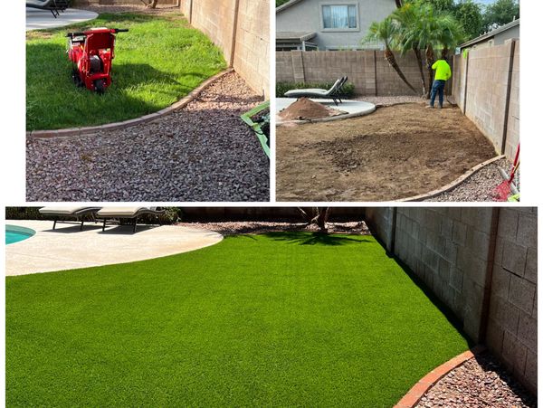 Backyard transformation from grass to fresh artificial turf installation.