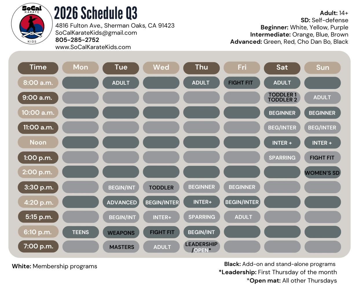 SoCal Karate Kids 2026 Q3 weekly class schedule with various programs for all ages and levels.