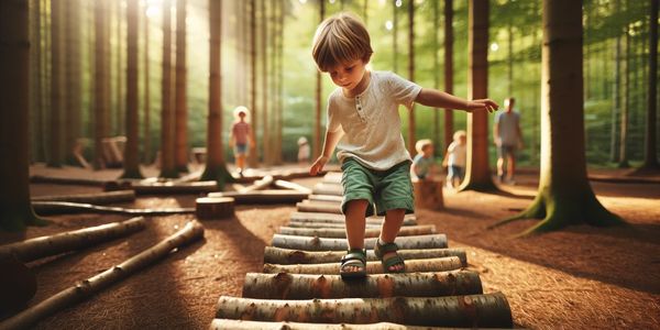 Un enfant en équilibre, se déplaçant sur des rondins de bois