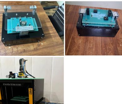 Three images of a PCB holder and a 3D printer on a wooden table and against a wall.