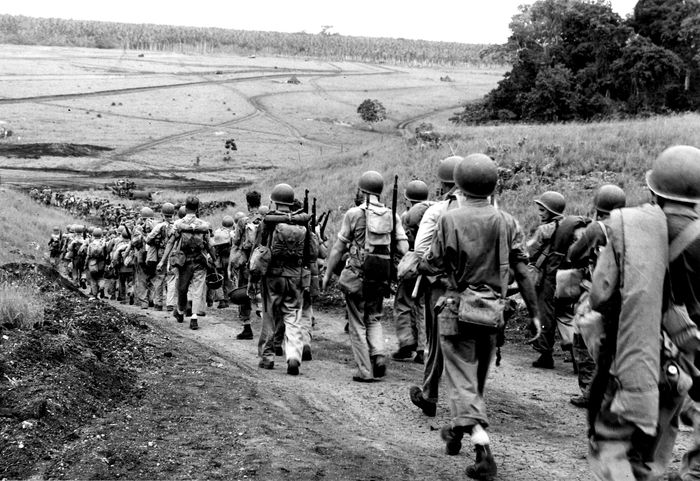 Marines on the march at Guadalcanal