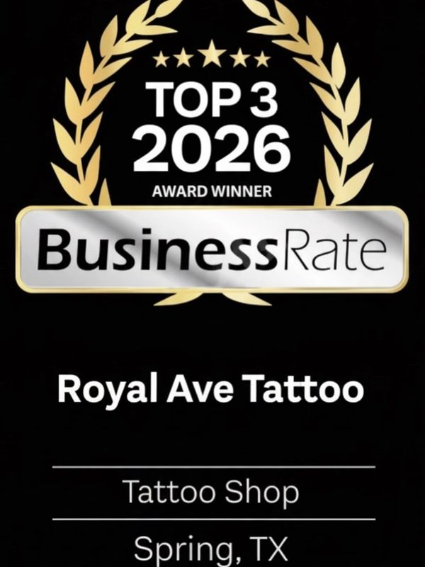 Royal Ave Tattoo BusinessRate Top 3 2026 award winner badge for best tattoo shop in Spring, TX