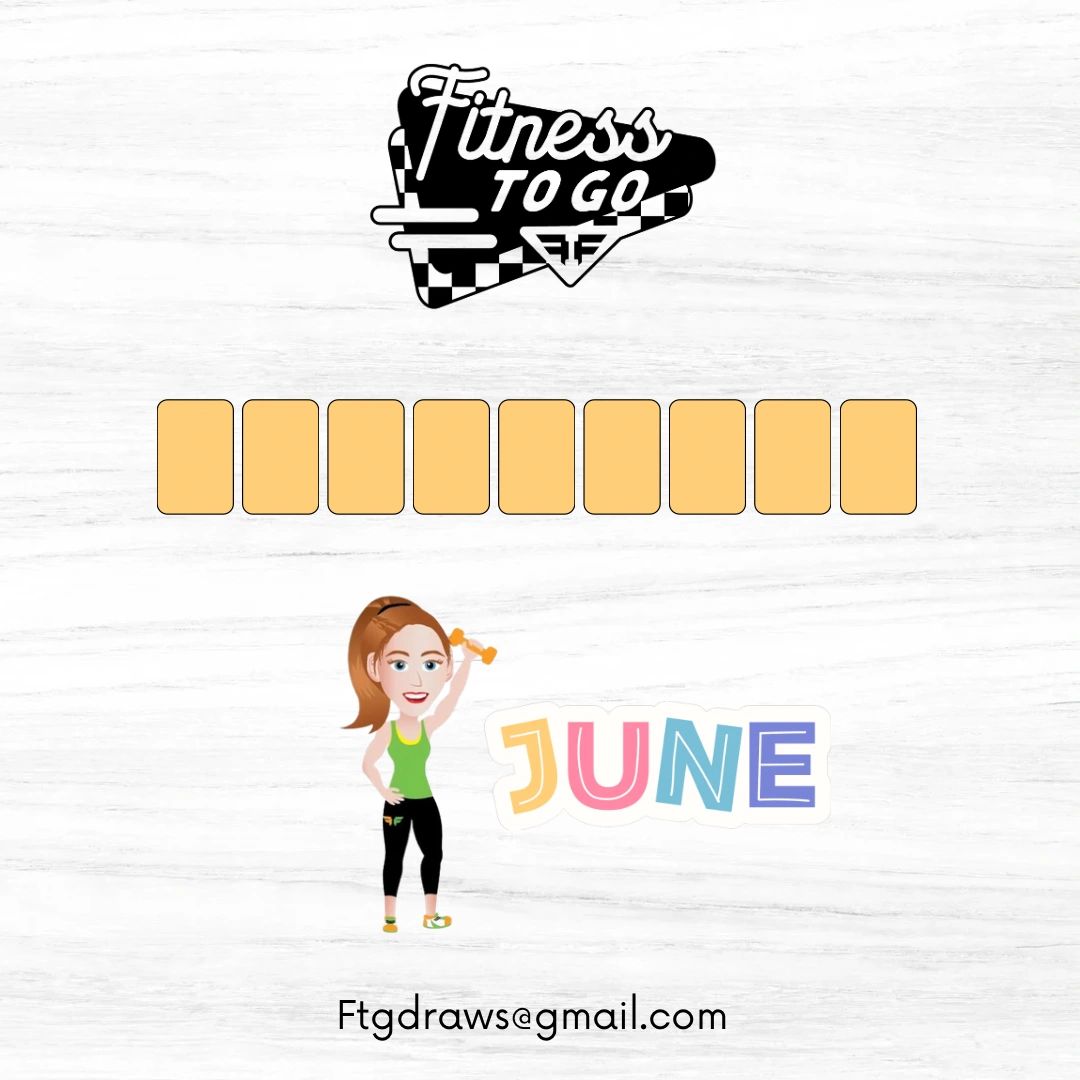 Fitness to Go logo with a cartoon woman holding a dumbbell and text 'JUNE'.