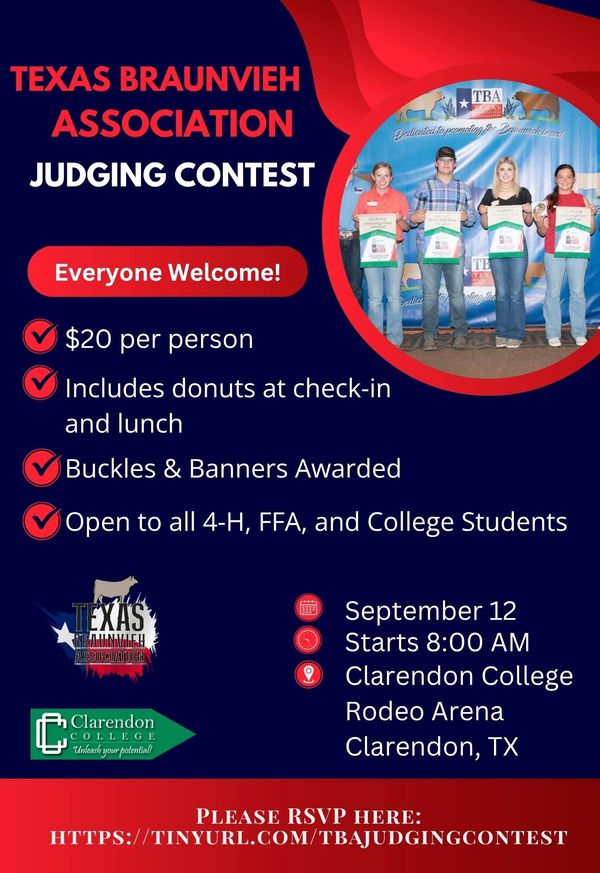 Texas Braunvieh Association Judging Contest announcement with event details.