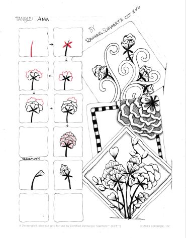 Step-by-step floral drawing tutorial in black and pink ink.