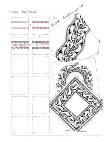 Step-by-step Zentangle pattern tutorial called Bataille by Rachel Schwartz.
