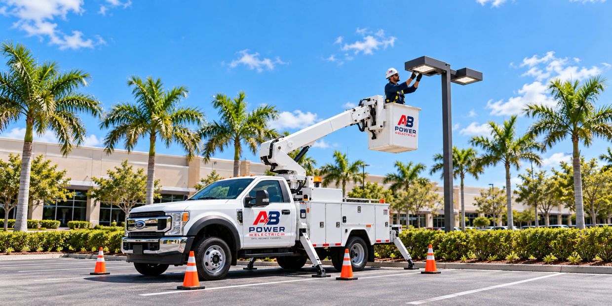 Electrician working on parking lot lights from bucket truck.
