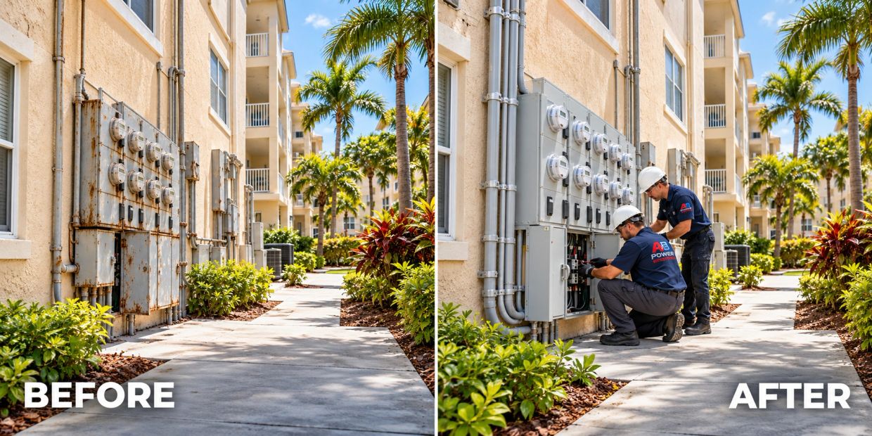 Before and after electricians service an outdoor electrical panel.
