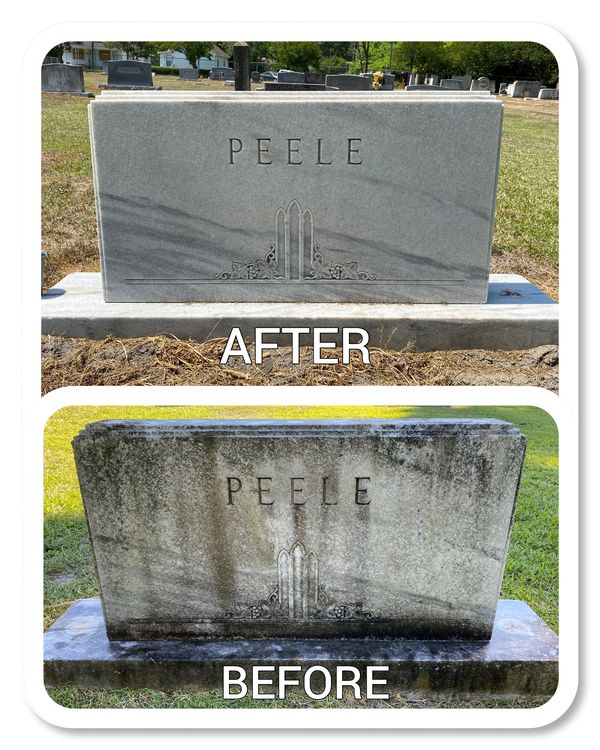 Before and after cleaning of a gravestone with the name Peele.