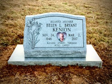 Gravestone of Helen L. Bryant Kenion with engraved details and photo.
