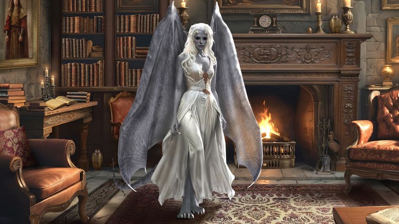 A ghostly woman with bat wings stands in a cozy, vintage library with a fireplace.