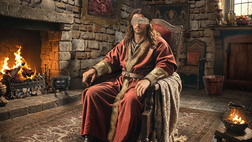 A blindfolded man in medieval robes sits in a stone-walled room by a fire.