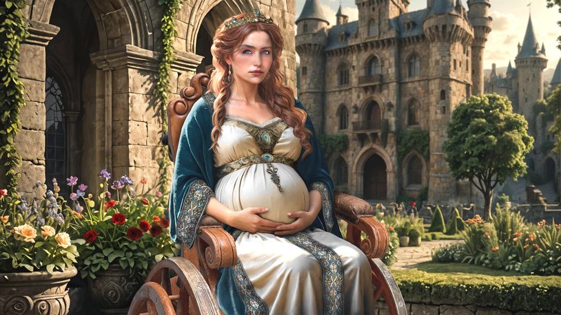 Pregnant queen in royal attire seated in a grand castle garden.