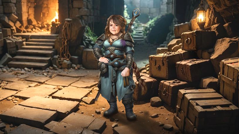 A warrior woman in armor stands in a stone dungeon filled with crates and warm lighting.