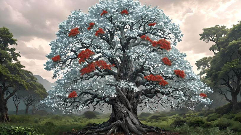 A large mystical tree with white leaves and red flowers in a serene forest.