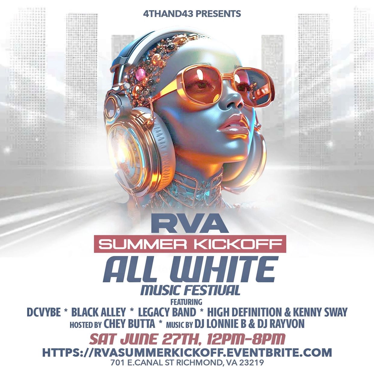 Futuristic flyer for RVA Summer Kickoff All White Music Festival in Richmond, VA.