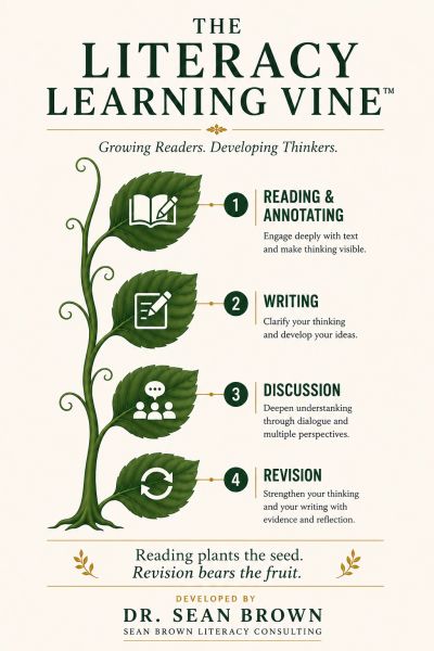 The Literacy Learning Vine outlines steps for growing reading and thinking skills.