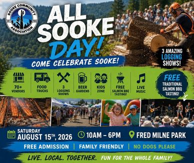 Poster for All Sooke Day event with logging shows and food vendors.