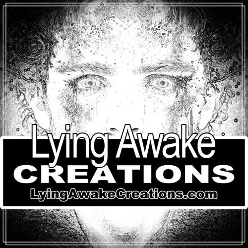 Artistic monochrome face with Lying Awake Creations logo overlay.