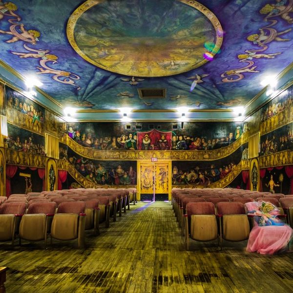 A color photo of the inside of the Marta Beckets Amargosa Opera House, in Death Valley Junction
