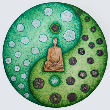 Watercolor and acrylic ecoprint, meditating Tibetan monk, morning glories, yin yang