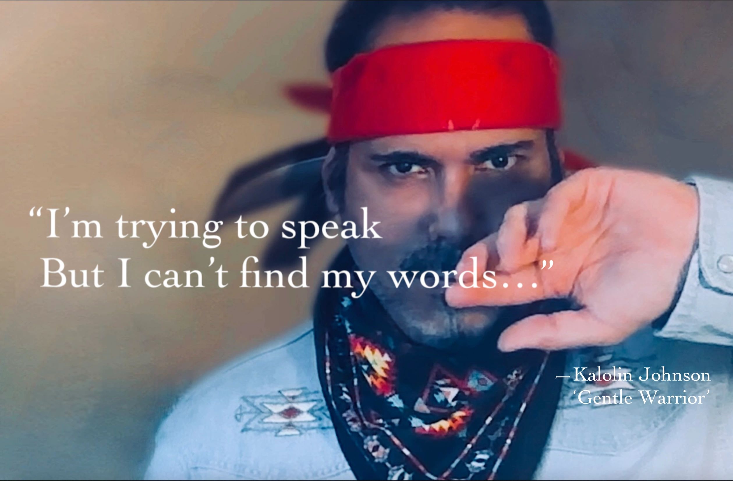 A man with a red headband and patterned scarf looks serious, with a quote about struggling to find words.