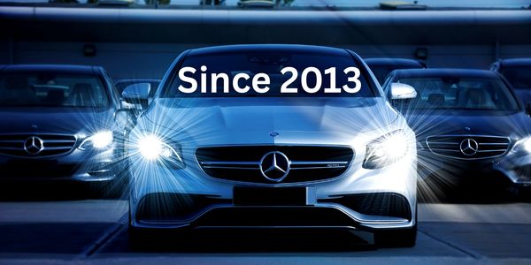 Three Mercedes-Benz cars with headlights on, featuring 'Since 2013' text.