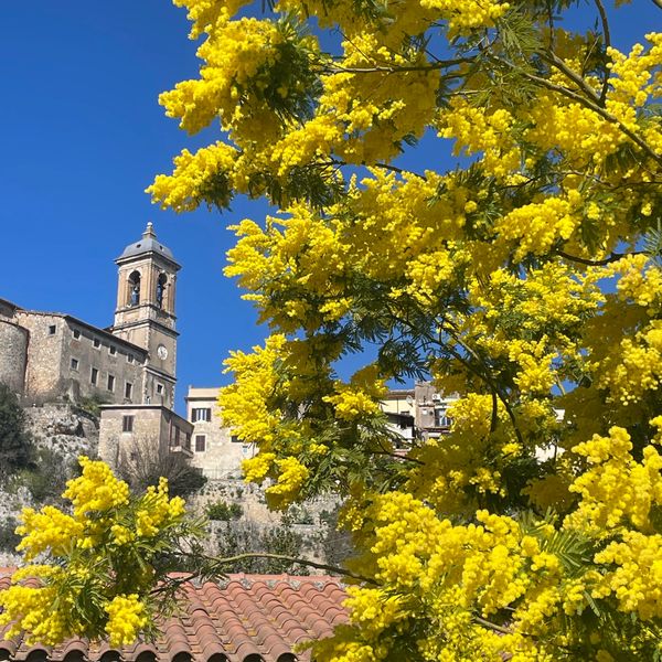 Italian hill town and stone church