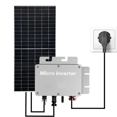 Solar panel connected to a micro inverter powering a household outlet.