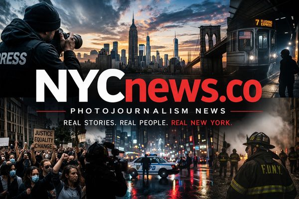 Collage showcasing NYC news, featuring protests, emergency responders, and cityscapes.