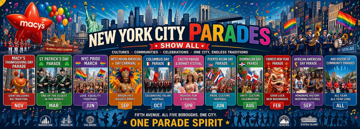 Colorful poster showcasing New York City parades year-round with diverse cultural celebrations and community spirit.