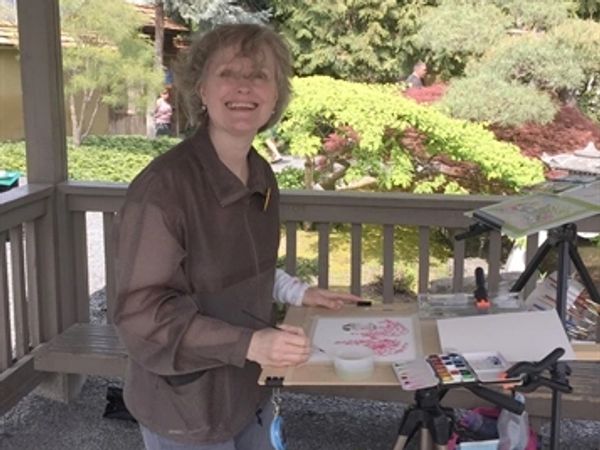 Artist Lynette Stebner plein air painting at Kasugai Gardens, Kelowna, BC Canada @OpusArtSupplies