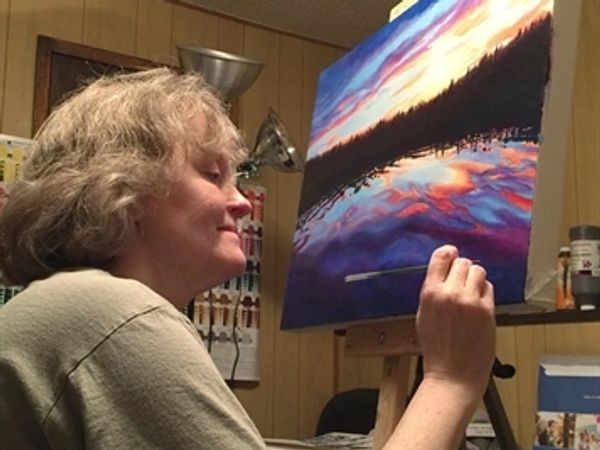 Acrylic Watercolor Artist Lynette Stebner painting sunset Kelowna BC Canada Thompson Okanagan nature