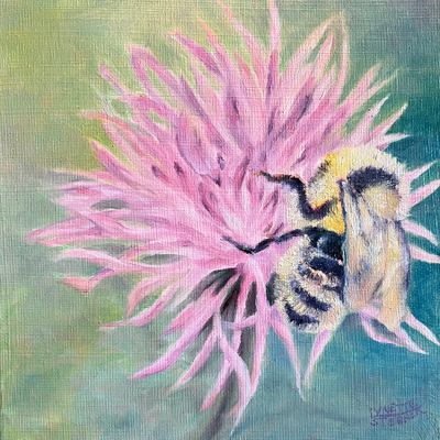 Oil painting of a Bumble Bee in a wildflower by Canadian fine artist Lynette Stebner