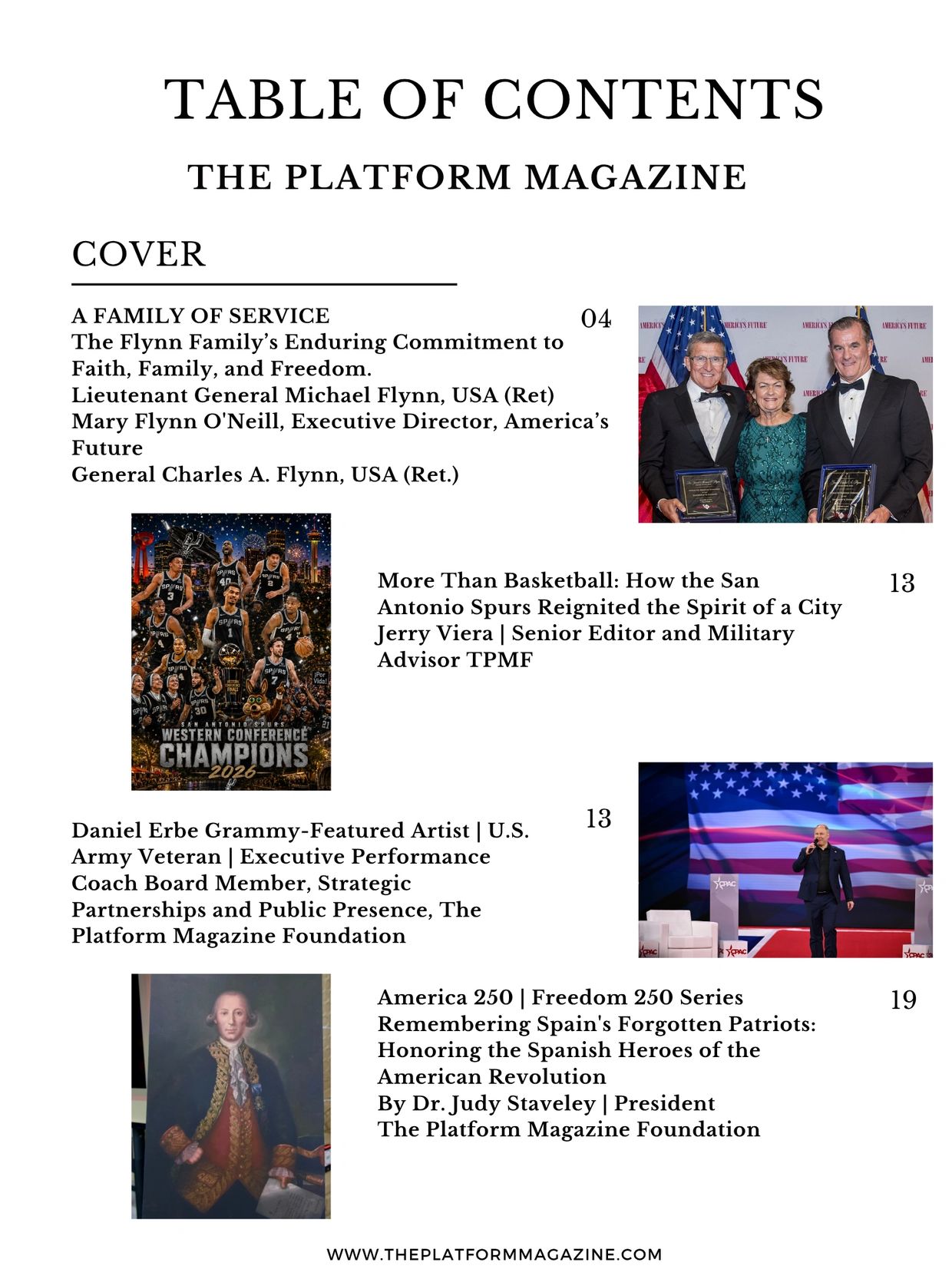 Table of contents page from The Platform Magazine with images and article titles.