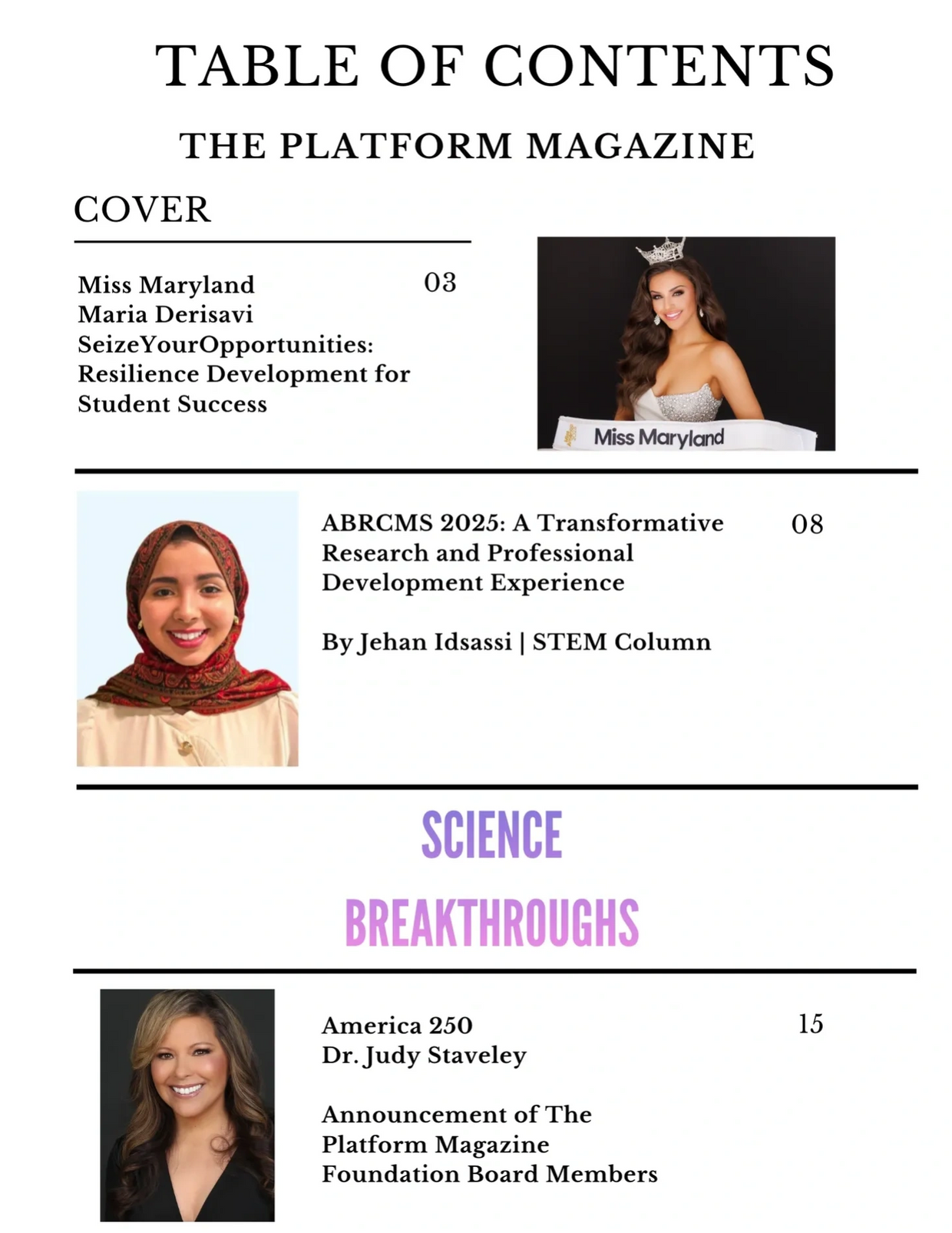 Table of contents for The Platform Magazine featuring Miss Maryland and STEM articles.