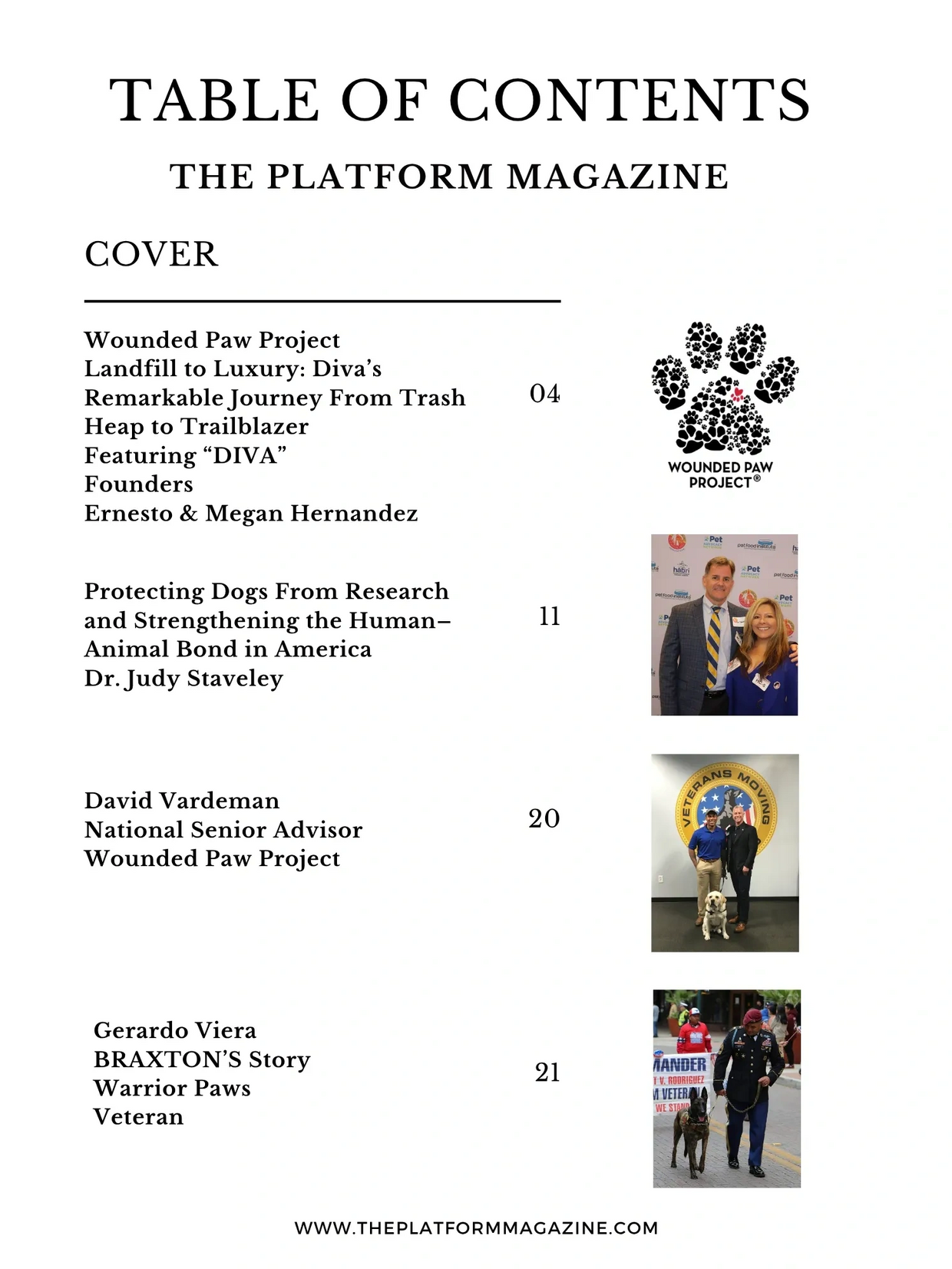 Table of contents for The Platform Magazine featuring Wounded Paw Project stories and veterans with service dogs.
