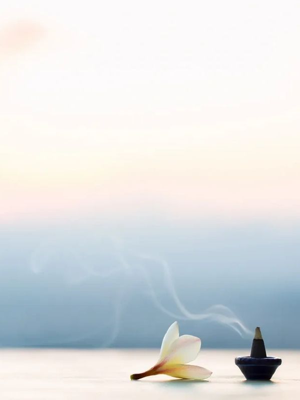 Flower petals and incense burning on the ground