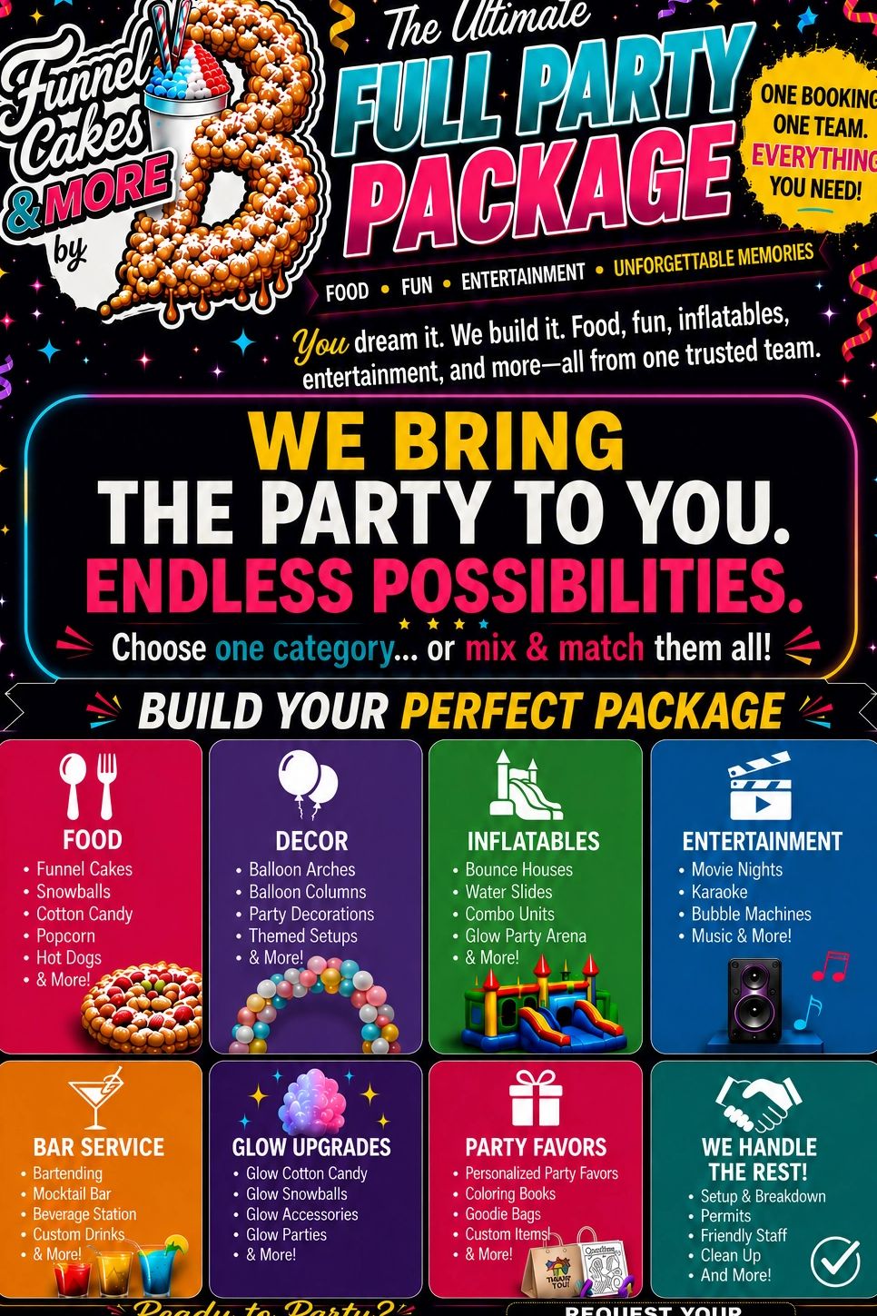 Party service offering food, décor, inflatables, entertainment, bar, glow upgrades, and favors.
