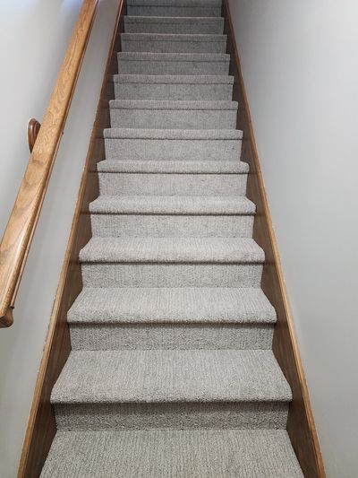 Carpeted staircase with wooden handrail and walls.