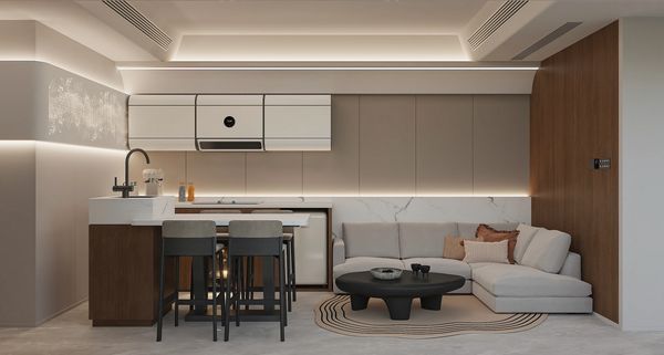 Modern minimalist kitchen and living room with neutral tones and sleek design.