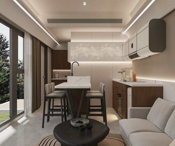 Modern kitchen with sleek furniture and soft lighting.