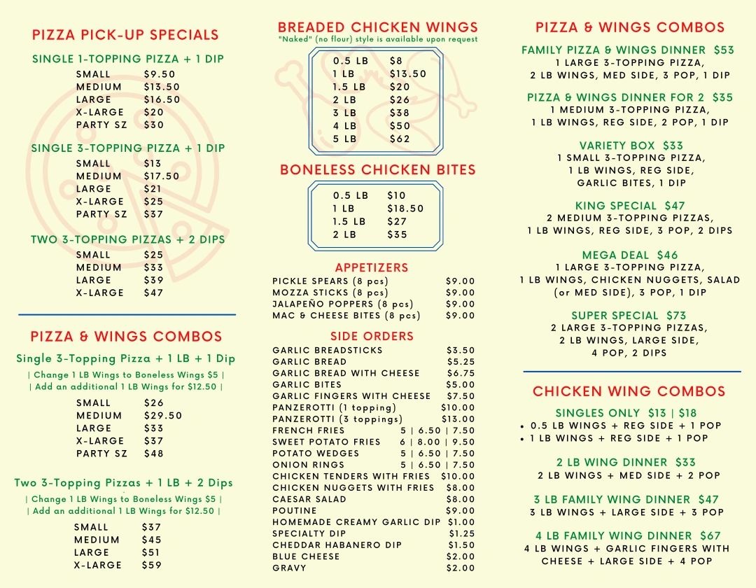 Pizza and chicken wing combo menu with prices and specials.