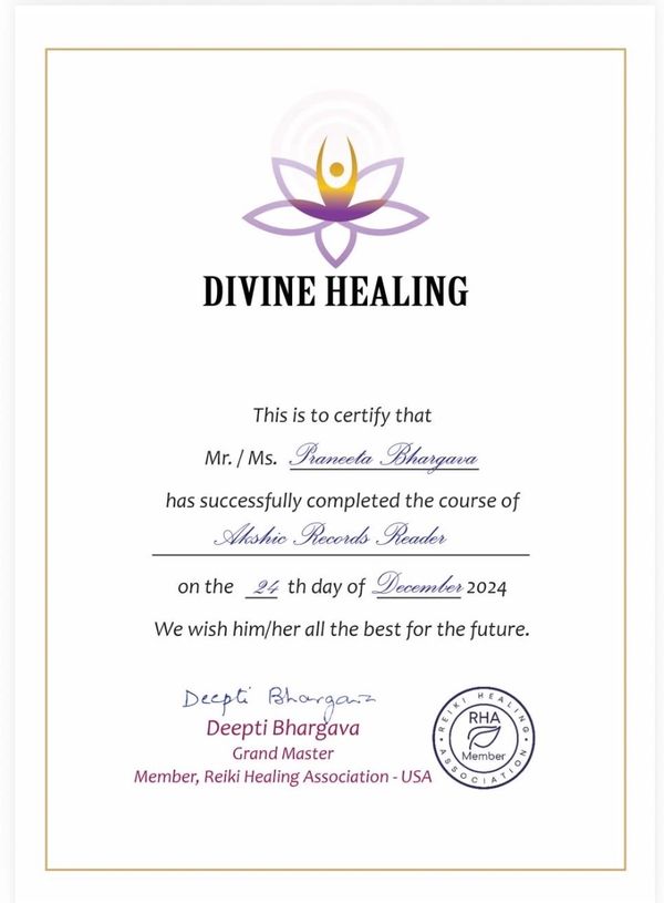 A certificate of completion for Akshic Records Reader by Divine Healing.