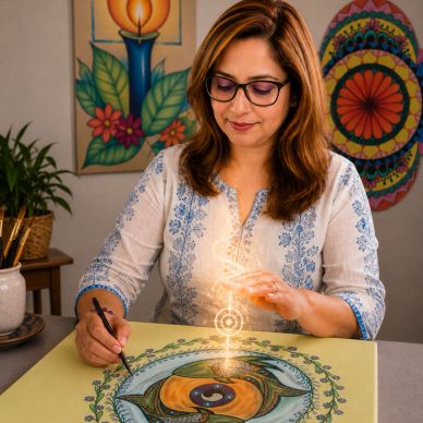 Praneeta Bhargava with a Riffstroke Healing Art Anchor created through intuitive symbolic art and Reiki energisation.