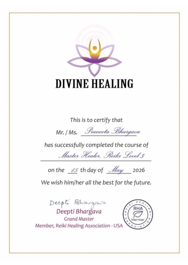 Certificate of completion for Master Healer Reiki Level 3 awarded to Pranceta Bhargava.