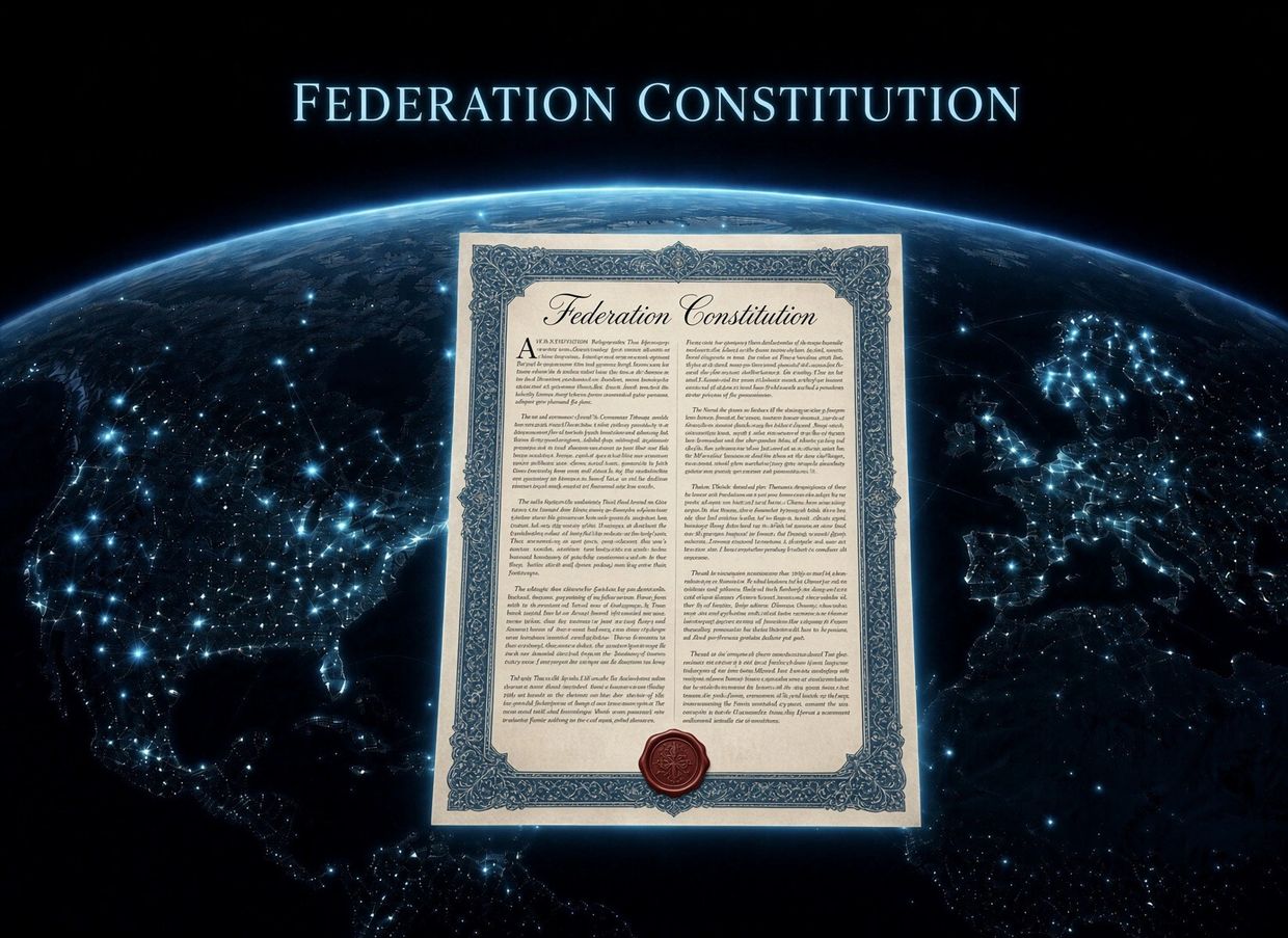 Federation Constitution document floating above a networked Earth.