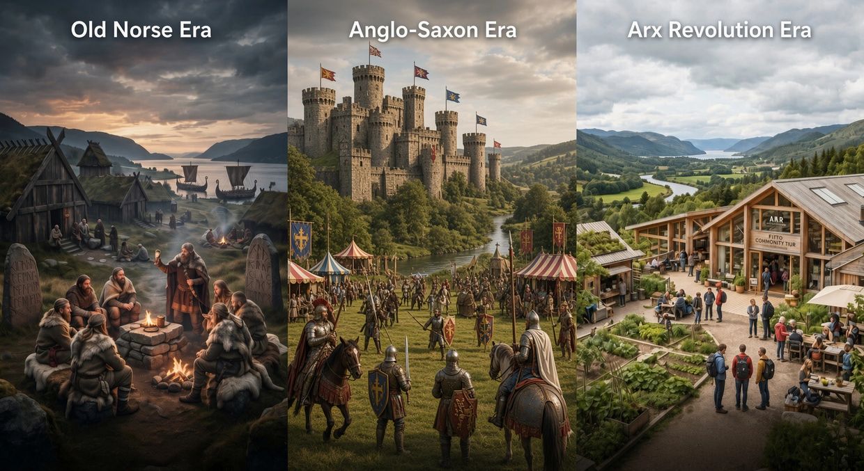 Three historical eras depicted: Old Norse, Anglo-Saxon, and Arx Revolution.